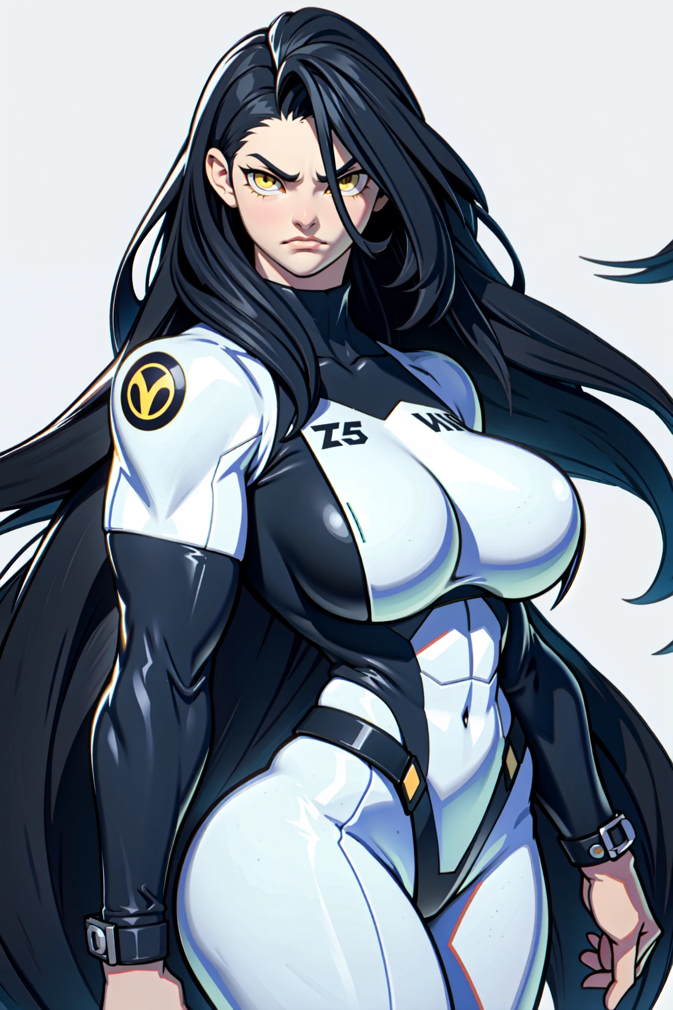 pale skin solo 1 girl black hair yellow eyes angry very long hair dark atmosphere ((huge breasts bodybuilder toned body muscular)) white skinsuit