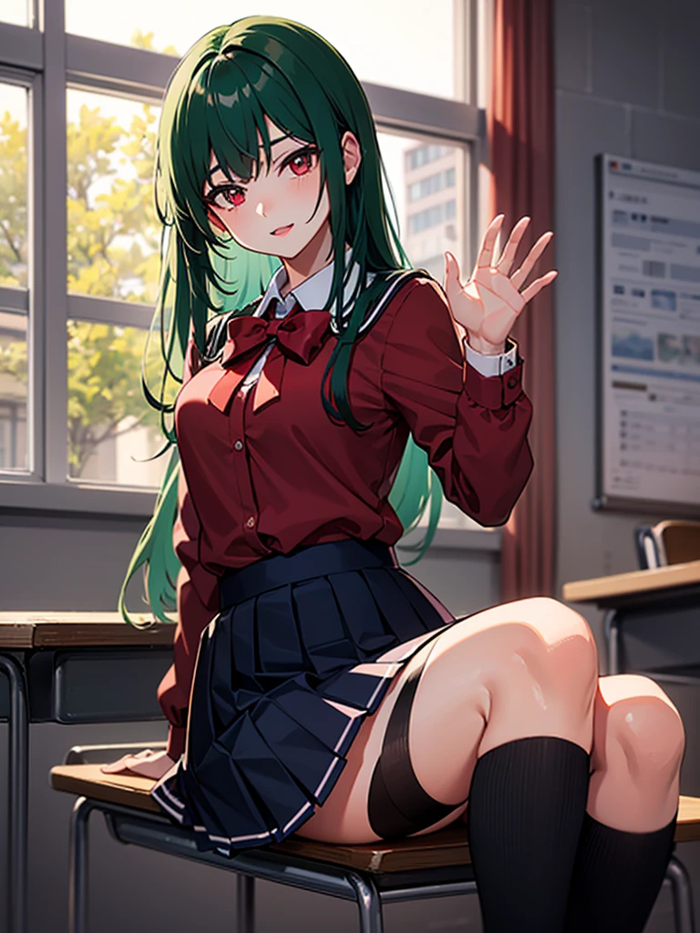 8K, A masterpiece of softcore pornography shot by Kishin Shinoyama, Bast quality,big, RAW Photos, (Ultra-thin contour lines), (1 Girl), C.C. Code Geass, Dark green eyes, Highlight Eye, jet black hair, Straight long hair, Professional Lighting, (Shiny skin: 1.2), shiny big, ((Highest quality)), Sharp focus: 1.2, Highly detailed face and skin texture, Fine grain, Perfect Face, Perfect body, Blur Art, CG, background, milk, in front (18-year-old, Cool and beautiful girl face), wear ((dress)), Lace gloves, thigh), blush, (Porn Cosplayer), (Camel Toe, White panties), Gravure idol style table, She rolled up her skirt to avoid the heat、I sat on the desk with my knees raised.。., My favorite girl, Browsing Caution,