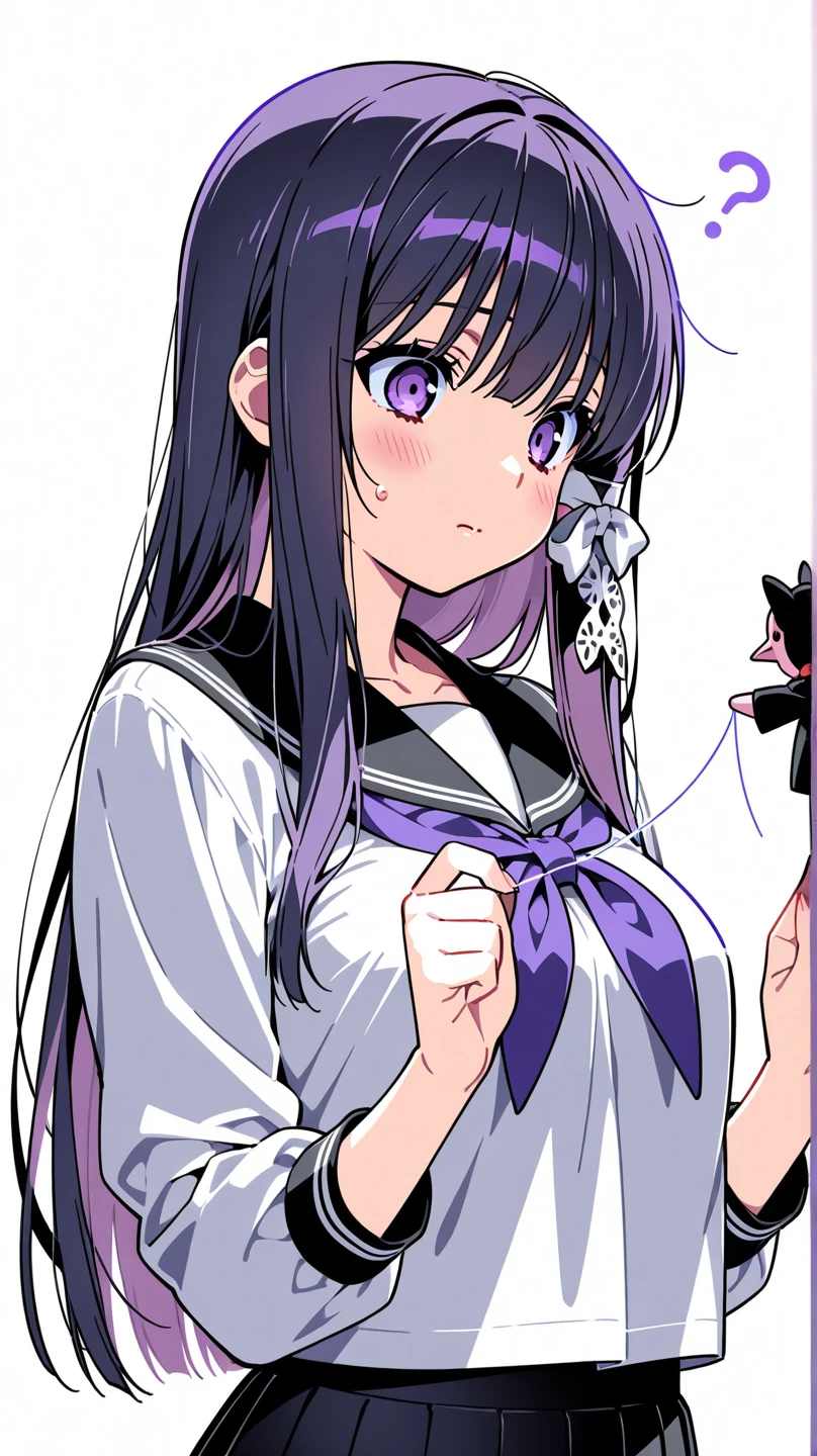 ((highest quality)), (High resolution), from behind, ((butt focus)), leaning forward, jeans, pubic hair, Tedeza Rise, Gochiusa, purple hair, long hair, twin tails, purple eyes, bangs, blush, eyebrow hair, big breasts, Backlight, white background