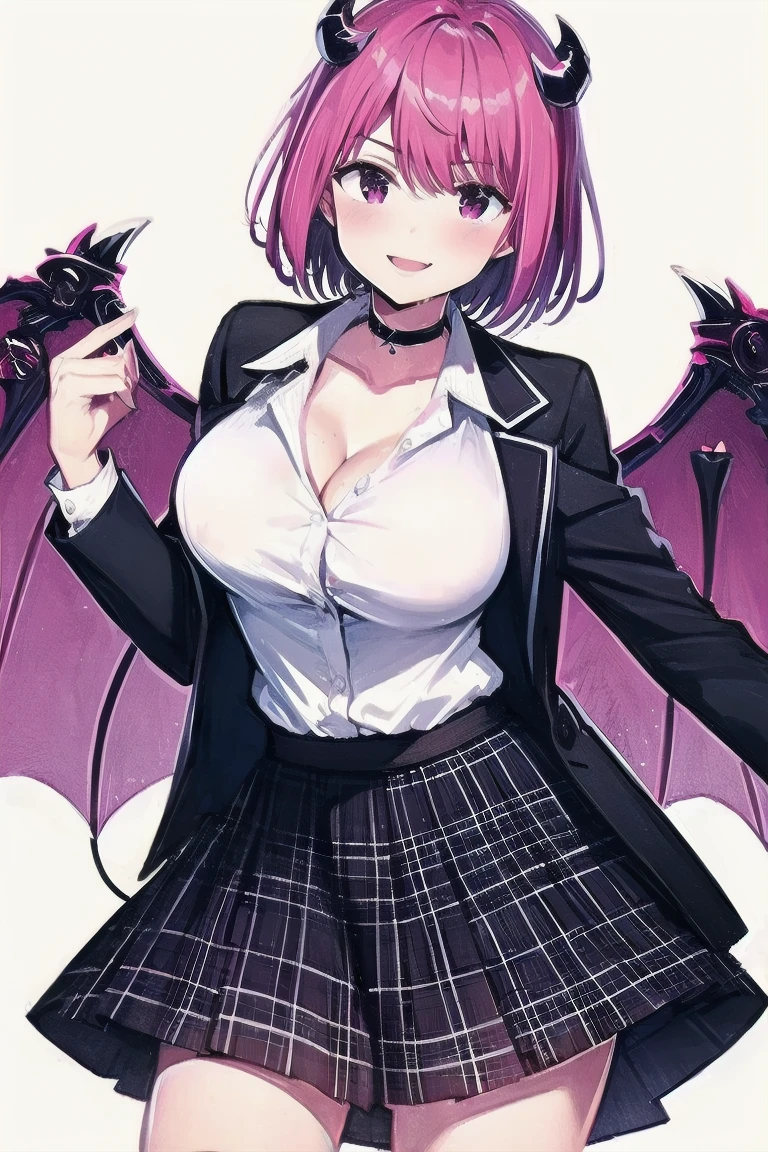 Anime illustration style,a beauty girl,demonic horns,Devil's wings on the back,(full bodyesbian),(Draw to the tips of your feet)、Standing,(Wearing loafers),a smile,(blazers),(校服),hi-school girl、preppy style、((Short Bob))、Navel Bow Style、A little bit of sagging eyes、High skin exposure、Pink hair、(The color of the eyes is green)、Eyes are green、I can see the cleavage、The navel is visible、Mouth open、sticking out the tongue、I'm putting out a velo、I'm doing a lot of money、Licking fingers with tongue、Idol style