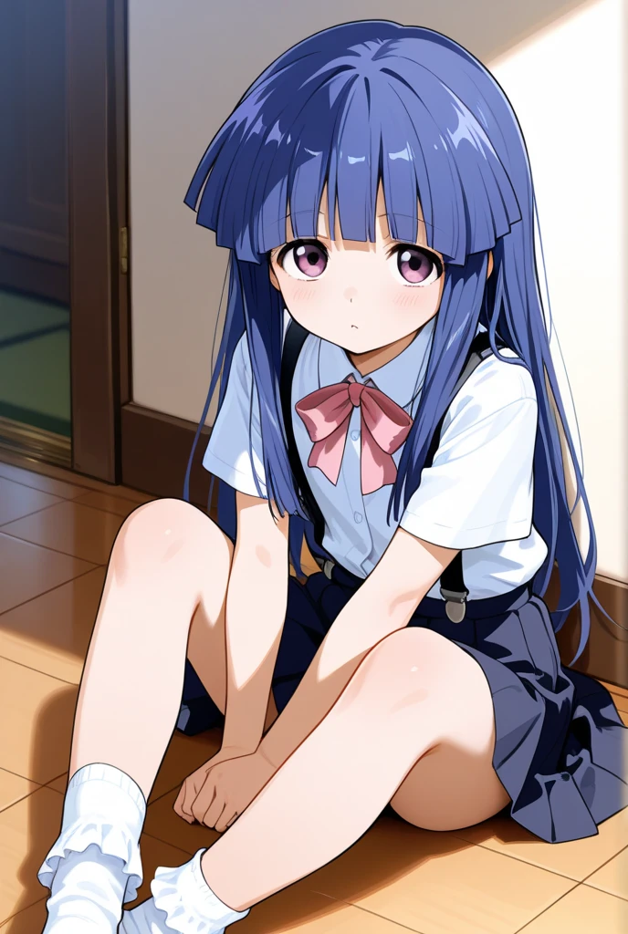 ((masterpiece, best quality)),high resolution,ultra detailed,8k,16k,detailed background, perfect lighting, 1girl,solo,look at viewer,furude rika,blue hair,purple eyes,very long hair,blunt bangs,green dress,cluster amaryllis,forrest,school white shirt