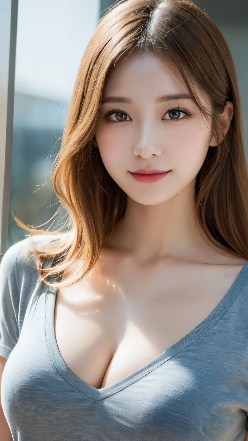 best quality, ultra high res, (photorealistic:1.4), 1girl, off-shoulder sweate, smiling, (faded ash gray messy bun hair:1), border light, depth of field, (large breasts:1.2), looking at viewer, closeup <lora:koreanDollLikeness_v20:0.66>