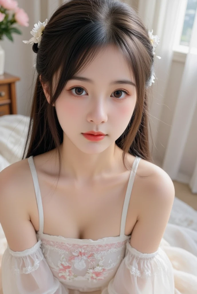 Kim Jennie with white brown hair, with curlers at the ends, with two bows on each side of the hair, all her white hair brown, with a star clip in her white brown hair, light colored eyes, beautiful eyes, crying eyes, beautiful, splash your nose, watery nose, beautifuls labios, pink lips, heart and cupid shaped lip, beautiful skin, pale, White skin, with moles and freckles all over his face, soft pink blush on cheeks, natural pink blush, soft pink makeup, Jennie, Nice neck, marked collar, frown, tender look, with a kiss necklace, a beautiful kiss necklace, similar a Yumeko Jabami, while using a YK2 Crochet, woolen, with YK2 style brown miniskirt, while wearing stockings, secretary stockings, medias sexy, while having a bare abdomen, Delgado, marked and beautiful, (big breasts, soft breasts, beautifuls pechos), while she cosplays the character Yumeko Jabami, The anime Kakegurui..., looking to the camera