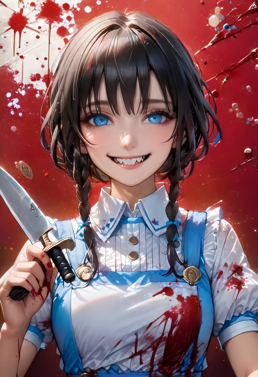Top quality, very delicate and beautiful, girl, 11 years old, (dark brown hair), blue clothes with vertical buttons, belt at the waist, white skirt, (ponytail)), (white hair band), (brown boots), blue eyes, standing, smile, blood wet, (a large amount of fresh blood), (a large amount of return blood), (fresh blood on the ground)