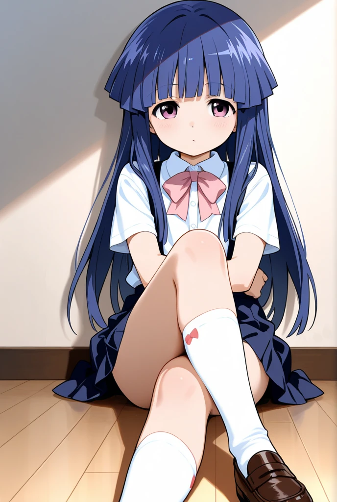 1girl, nsfw, furuderika, long hair, purple eyes, blue hair, blunt bangs, empty eyes, large breasts, nipple, Walking, Hospital, frozen, wet, crying, Naked, (1girl) Blank look