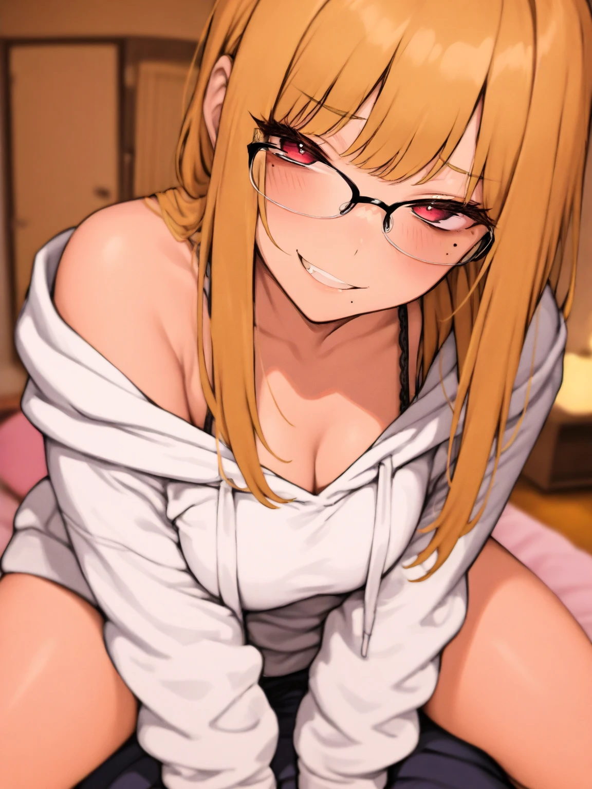 kawakamimai, best quality, masterpiece, ultra-detailed, high quality, highres, 1girl, mature female, blonde hair, beautiful, beautiful and perfect face, detailed eyes, detailed eyelashes, (black glasses:1.1), smile, open mouth, looking at viewer, (black hoodie, pink shorts), large breasts, sexy curvy body, POV, close shot, from the front, standing, full body, feet, in home, open the door, leaning forward