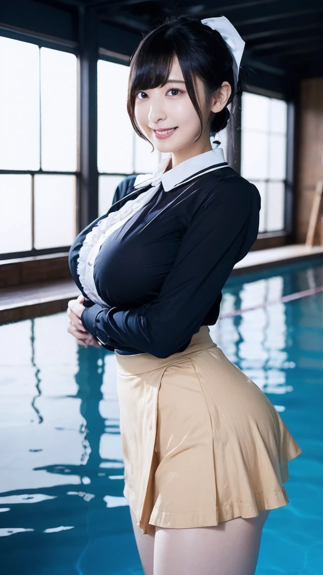 (garden）take shelter from the rain（Best Quality,8K,Raw photo,Realistic,High resolution:1.2),(erotic curvy japanese girl）(gigantic breasts),oily skin,(blue shirt),School skirts,look horny,face from front,moans sexy.short hair, sit,grinning,((highlights breasts)),(wet),