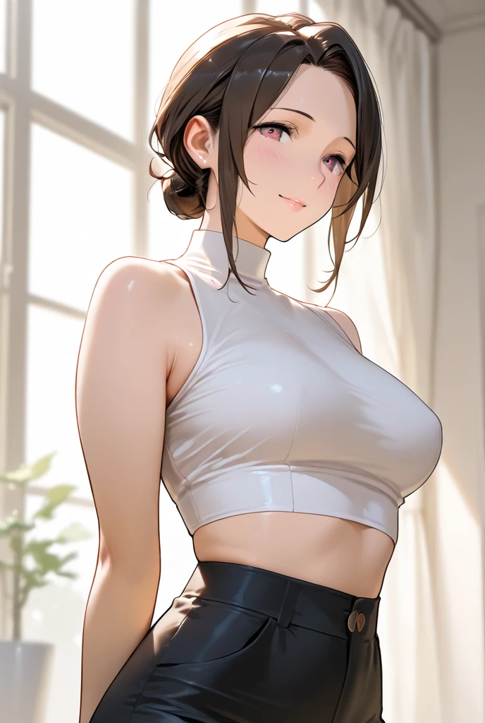 masterpiece, best quality, high detail, beautiful woman, wavy hair, dark brown hair, large bust, yellow sports bra, long pencil skirt, midriff, upper body, hips, hip bones, boots, looking at viewer, awkward smile, garden, backyard,
