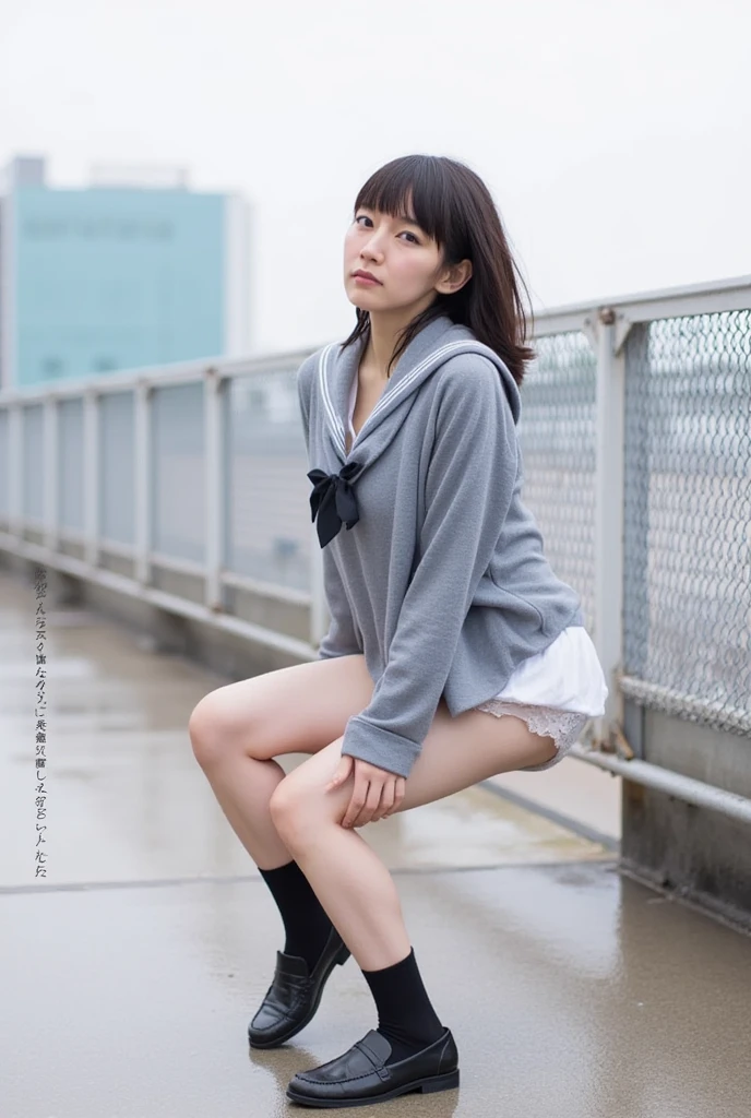 Highest quality, masterpiece, Ultra-high resolution, (Realistic:1.4), Raw photo, Very detailed, Perfect Anatomy, One girl, 12 years old, Most popular Japanese idols, Squat down with your feet tightly together, Put your hand on your cheek, On the streets of Japan in winter, An innocent smile, View your viewers, ((Panty shot, Under the skirt):1.3), (((Wearing white panties))), Detailed white panties, Very beautiful thighs and knees, ((extremely beautiful detailed crotch Wearing white panties)), Very beautiful legs, (She is wearing a navy blue pleated skirt and a brown duffle long coat.), Navy blue pleated skirt with attention to detail, Brown duffle long coat with attention to detail, Wearing black loafers and white socks on both feet, Very cute face like a famous Japanese idol, Very beautiful big black round eyes, Very beautiful black short hair, Cute face with attention to detail, Large, detailed, round black eyes, Detailed beautiful short black hair