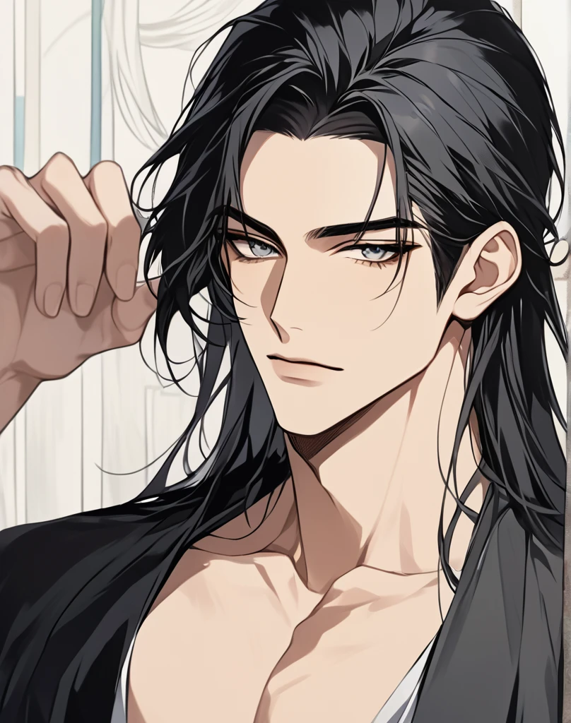 (absurdres, highres, ultra detailed), 1 male, adult, handsome, tall muscular guy, broad shoulders, finely detailed eyes and detailed face, black very long hair, handsome, fantasy, gothic, wolf ears, wolf tail, Sunlight, Fantastic light and shadow, Scenery, portrait, vampire fangs, sexy, attractive, full body, tongle, no clothes, no shirt,, Dog Collar, bangs, cute face, closed eyes, closed mouth