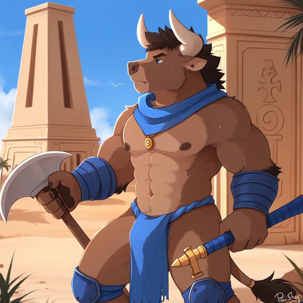 Solo Sexy anthro furry goat male; ancient Mediterranean desert warrior; slim mesomorph handsome model apperance apperance; boy's messy short hair headband; sexy toned muscules; sword scars; worn out rusty sexy skimpy armament. He has low on hips heavy leather studded heavy belt. he has narrow in the crotch very old worn out bulgy tigh jockstrap (smelly jockstrap fetish); His jockstrap it is made of old white worn out matte leather sewn together from a few pieces, it has never been washed, it is dirty and has stains from secretions of dried semen and sweat; His armor is old heavy brown harness with armlets studded with spikes; rusty old skimpy breatsplate armor, he has old brown leather BFR Bands on Biceps and his thighs, he has old worn out fingerless leather gloves. His armor is in ruin, it is very very old and dirty, rusted, dirty, old worn out, rusty breastplate. Even though he is a handsome and sexy man, he has a sloppy appearance, has disheveled unwashed dirty fur, dirty body look. he smells, he has stains from old blood, dirst, cum, mud, smelly furr, disgusting bastard looking. He stands proudly bravely in the Mediterranean sunny pine forest; he stands upright, furious, with his sword raised in a ready-to-fight position, he holds a sword in his right paw, ready for incoming fight; he has a proud, threatening and defiant expression on his face, with little dirty dangerous smile; he has narrow in the crotch very old worn out bulgy tigh jockstrap (smelly jockstrap fetish); His jockstrap it is made of old white worn out matte leather sewn together from a few pieces, it has never been washed, it is dirty and has stains from secretions of dried semen and sweat;, he has narrow in the crotch very old worn out bulgy tigh jockstrap (smelly jockstrap fetish);