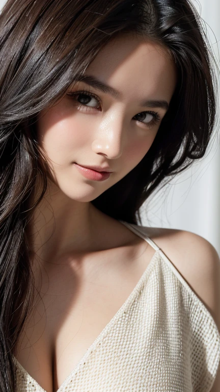((highest quality、Masterpiece、High resolution))、(((Zoom photo of upper body、Black Hair)))、(A shy smile:1.2)、One woman、Beautiful Skin、Beautiful Eyes、Cleavage、Nurse uniform、Trimmed bangs、Curly Hair