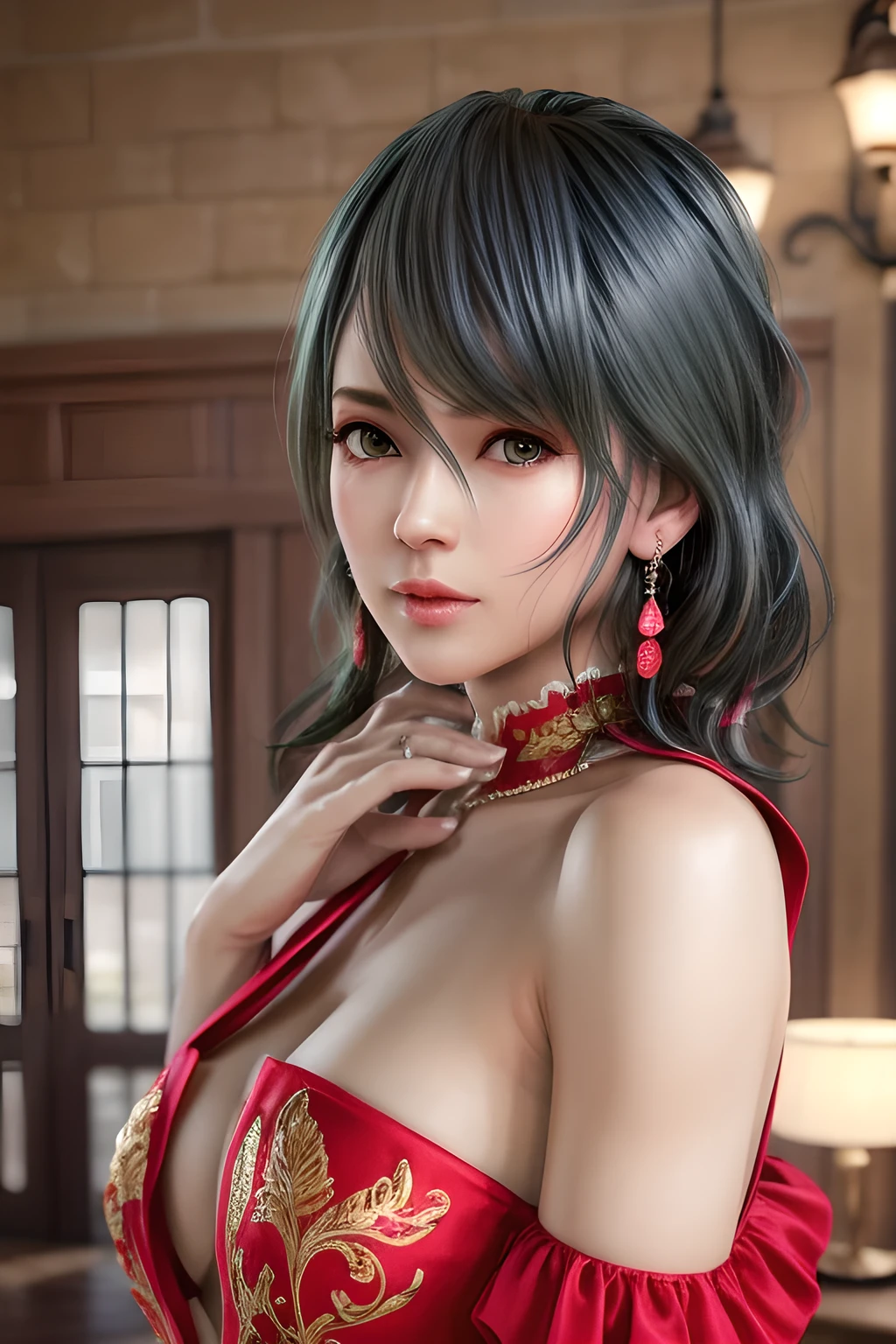 1 girl,Tamaki,Relax,(Wearing Chinese clothing),(((in dubai))),jewelry,Lips slightly open, lustful smile, red lips,huge breasts,Charming cleavage,((8k, original photo, top quality, masterpiece), HD RAW color photos professional close-up photos), (actual, photorealism: 1.37), (best quality), (best shade),  ((erotic, Sexy), ultra high resolution, HD CG unified 8K wallpaper, Physically based rendering, movie lighting),