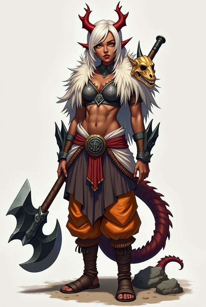 (Masterpiece, best quality), detailed, ((character art, full of details, Anime Babe, Wallpaper, Game Illustration, Animagine XL Babe, Fan Art, Animated)), (AFK_Arena, Antandra, cheetah girl)), (1woman, female), ((simple tribal african folk clothes, rough desert tribal clothes)), (dark tanned skin, cheetal ears and tail) , (detailed eyes), detailed face, ((happy face expressions smiling)), athletic physical form, ((white blonde color long hair)), ((holding spear, holding weapon)), (simple background, white background: 1.3)