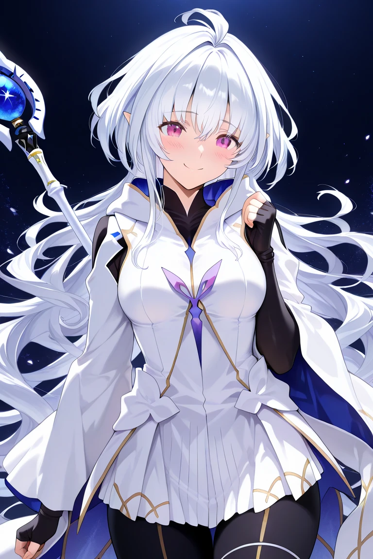 maria balthasar white skirt, (masterpiece, best quality:1.2), solo, 1girl, Maria, expressionless, looking at viewer, ahoge, bodysuit, outer space, (dynamic pose:1.0),happy,smile,(centered,scale to fit dimensions,Rule of thirds), ((snowy pine forest at night)), with dark stormy clouds,winter,scenery:1.25,((snow forest background)),Christmas tree, highres,sharp focus,(ultra detailed,extremely detailed),(((vibrant colors,vibrant theme))),(intricate),(masterpiece),(best quality), sitting, spread legs