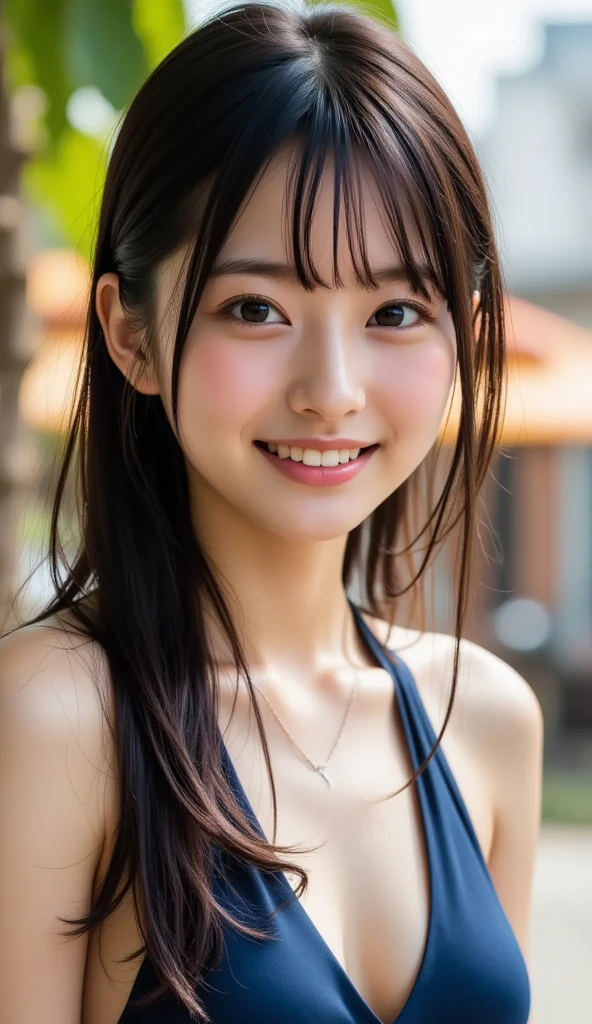 (((upper body shot))),Ultra-high resolution,big eyes,((brown eyes)),Japanese,(a girl),(1 girl),((17 years old)),(cute),pretty,((facing at viewer)),arms behind back,grin,(((black shirt)))