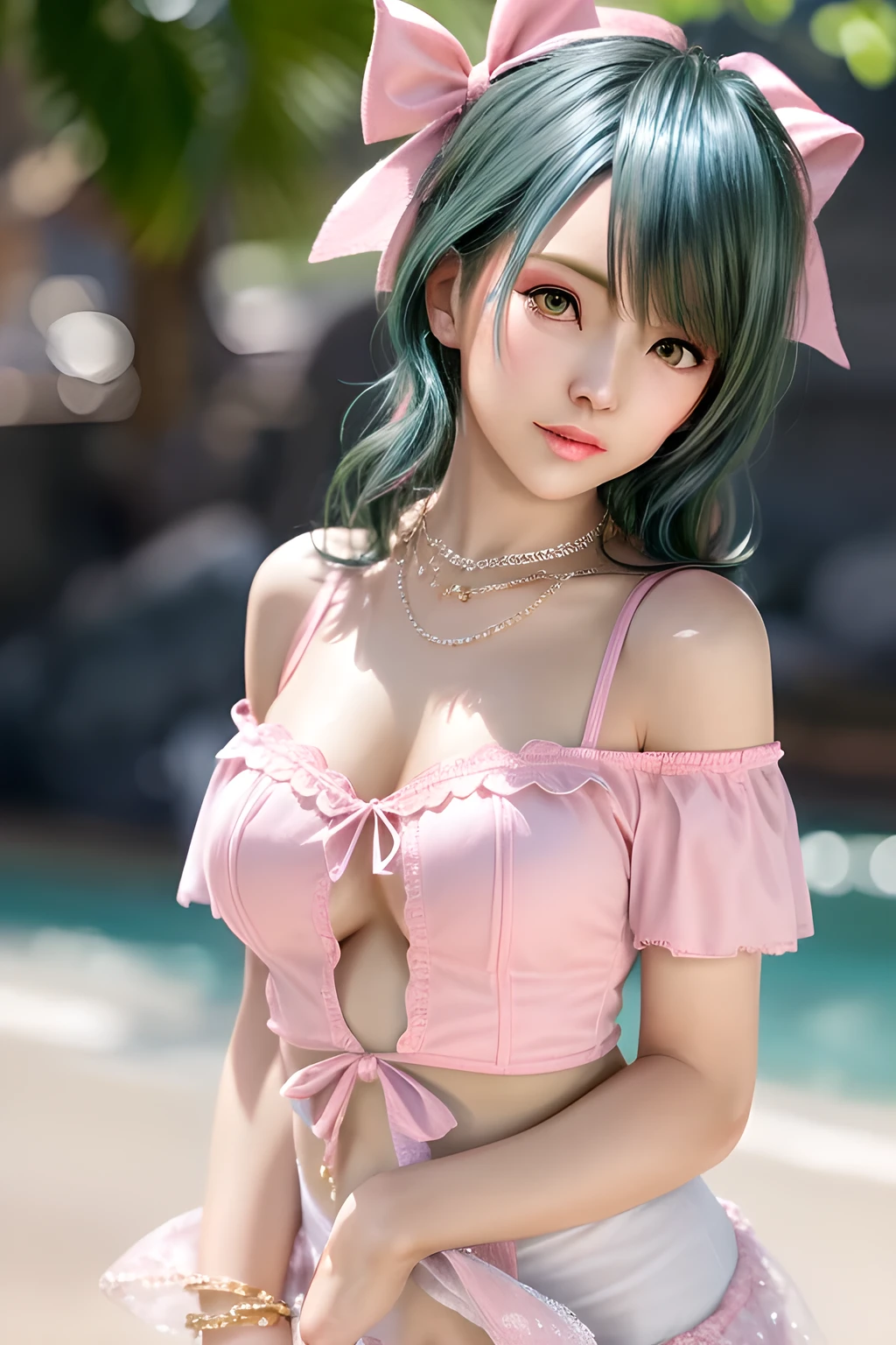 Chibi, 1 girl, shorth hair, Cute、bright expression、Very beautiful face, Beautiful green eyes, dazzling green hair、Eyebrows behind bangs, Bright pupils, nffsw, nffsw, textured white skin, high details, Best Quality, 4K, hight resolution、Full body in tomato costume