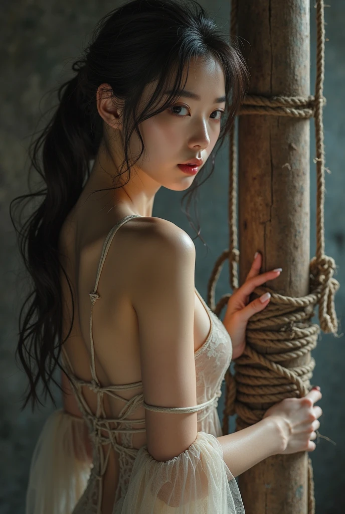  The woman has her hands tied、Put your hands behind your back、(((Hands clasped behind back)))、(((Her wrists are wrapped in rope)))、Beauty、２０age、university student、Standing on a hill at night、There are a lot of trees、Beautiful night sky、There are many stars、A strong wind is blowing、Wearing a short-sleeved blouse、Wear a long skirt、Uniform eyes、Well-balanced、Medium、Small breasts、Small face、(I can see from head to heel), Black Hair, bangs, swept bangs, Straight hair, Nervous, Messy Hair, Floating hair, Cinema Lighting, tachi-e, first-person view, throw, From behind, F/1.2, Nikon, Surrealism, 超High resolution, Highest quality, High resolution, 8k, Textured skin, Anatomically correct body、
