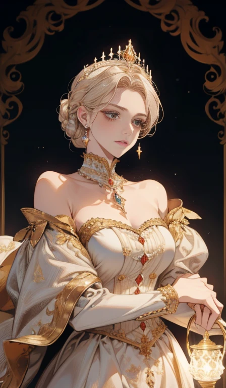 a scared victorian era woman in her early 30's wearing sexy red gown, cleavage, elegant updo, ballroom, straight white medium-length hair, striking purple eyes, detailed realistic portrait, photorealistic, hyperrealistic, 8k, detailed clothing, beautiful detailed eyes, beautiful detailed lips, extremely detailed face, intricate ornate details, cinematic lighting, dramatic shadows, cool color tones, indoor lighting, highly detailed, masterpiece, artstation, sharp focus, hyper detailed, half body