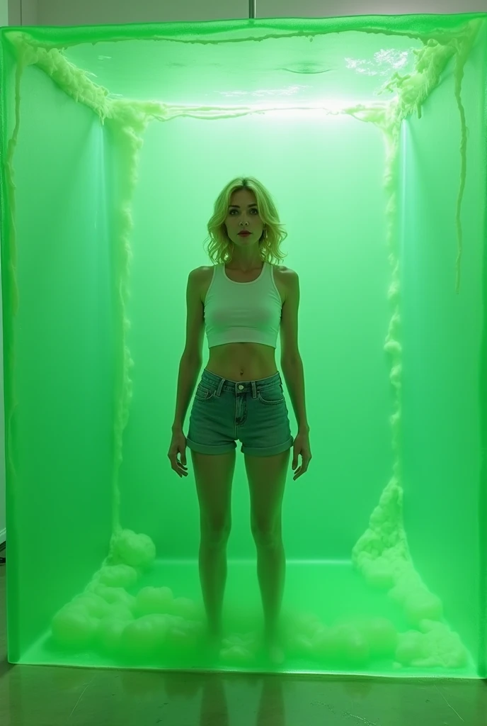 ((sexy)) blonde russian with (((tits shaped like green BOMBS))) wearing stunning gorgeous intricate (((white y2k tank top))) on it, wearing wired headphones and gorgeous crystallised ((((baggy blue jeans)))) with (((chartreuse green stars))) on them, (((green boots))), channeling the essence of (((clubbing))) and y2k in club background