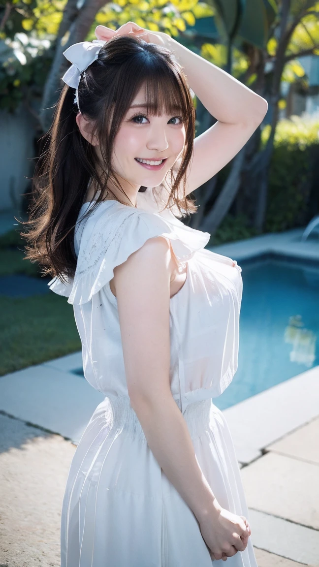 1girl, woman, 25 years old woman, beautiful, medium breasts, flirtatious look, ((very detailed)), (perfectly detailed face), looking at viewer:1.8, (1girl eyes looking at viewer:1.55), Upper body, Simple Background, Emphasis on the chest, Hands behind the body, hands behind head, whole body, Raise your arms and show your armpits, show your armpits, hands behind head, waki, smile, photorealistic image, high res, Plain costumes, White outfit, park, white shirt, park bench, photorealistic, (bokeh), best quality, 8k, UHD, anatomically correct, textured skin