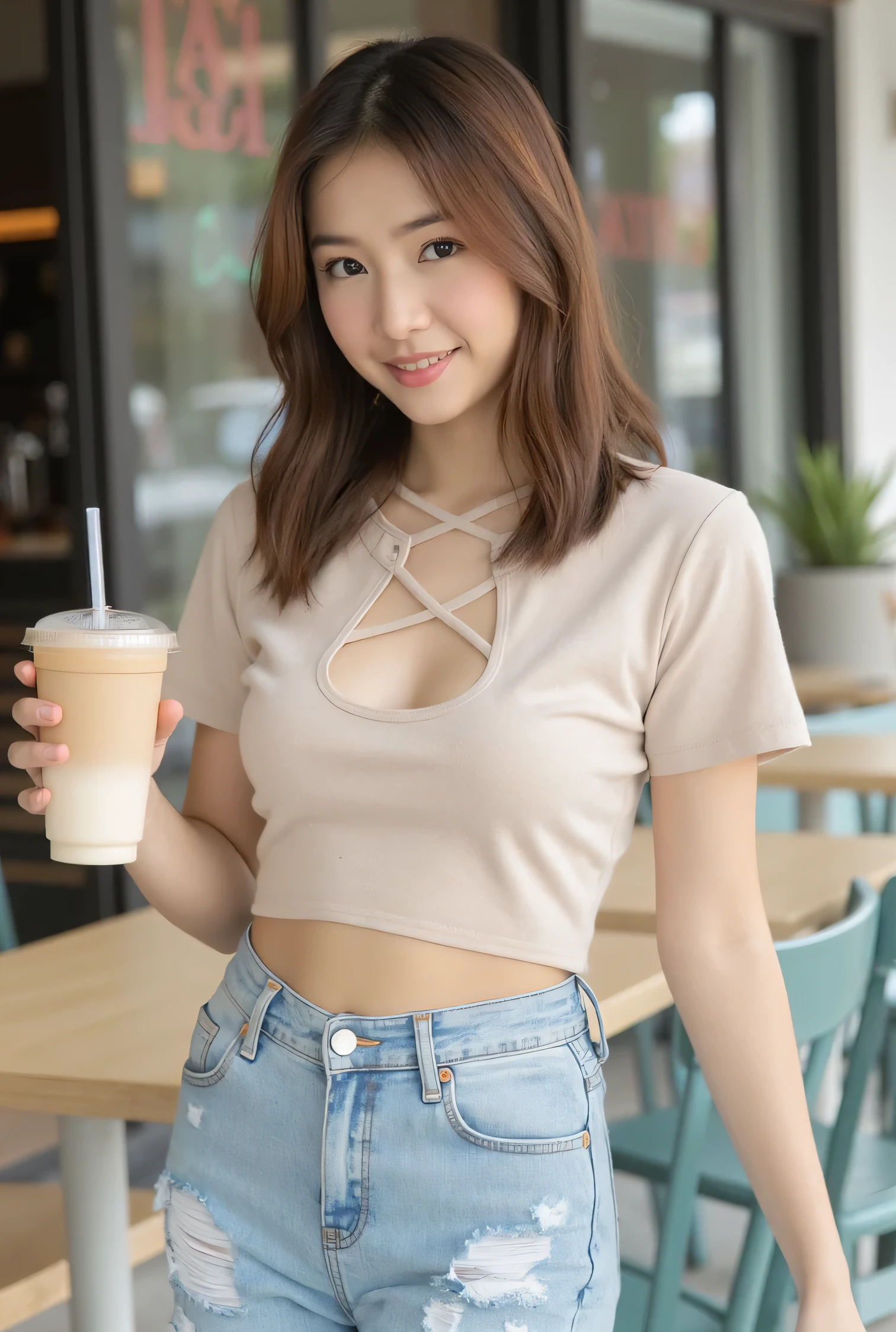 A young Asian woman, mid-20s, is the central figure. She is holding a takeaway drink, light beige, with a straw, in her right hand, and slightly angled towards her left. She is positioned slightly off-center to the left of the frame. Her posture is relaxed and casual. She is wearing a light beige, cropped top with a cutout design, featuring crisscross detailing at the bust. The top is short-sleeved. She wears light wash, ripped jeans that end at the mid-thigh. Her expression is pleasant, with soft, subtle makeup. Her hair is a medium brown, shoulder-length, and styled in loose waves. She has a slender build and a soft, approachable look. The setting is an outdoor cafe-style area, with light beige wooden tables and teal-colored chairs in the background. The store fronts, and other details are in soft focus, blurring the background. The lighting is natural, bright, and casts soft shadows. The overall atmosphere is casual and approachable. The perspective is slightly above her midsection. The colors are pastel and soft.