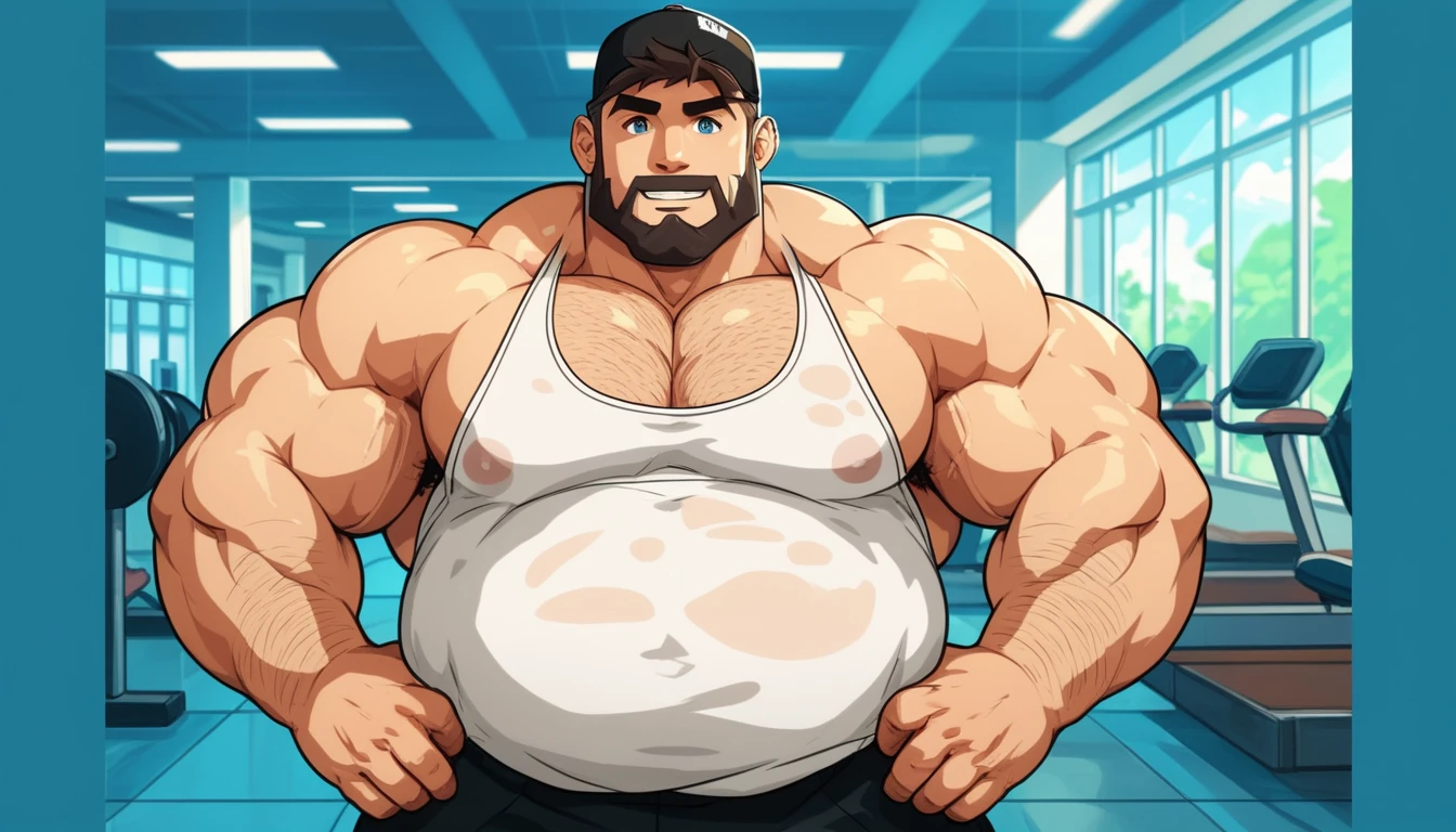 huge muscular old man, muscle gut, musclegut, modern market, tank top, shorts
