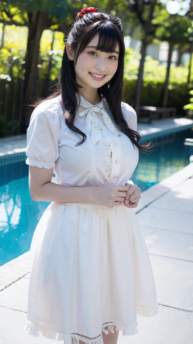 ((top-quality、8K分辨率、Master masterpiece、Portrait:1.3)), Photorealsitic, tissue, 35㎜ film, 1 Japan Woman, Middle-aged woman, 49 years old, Medium bob、Bridal Up , tiarra、Wedding Veils、Pearl Necklace、Wrinkles at the corners of the eyes, Plump body, blush、Seductive smile、naughty expression、wedding dress、See-through white lingerie、Garter belt stockings, (standing :1.5) Underwear、Flower garden in full bloom、The fountain、plein air、during the day、toppless