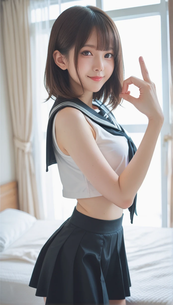 Pubic hair grows、Smile full of happiness、((Don't wear panties:1.3))、no-pantie、、Panting face、Lacking、After being attacked、school girl outfit(Plaid miniskirt)、a sailor suit、Sweating、Expression in a state of excitement、short-hair、eye glass、Almost completely naked、Jumping