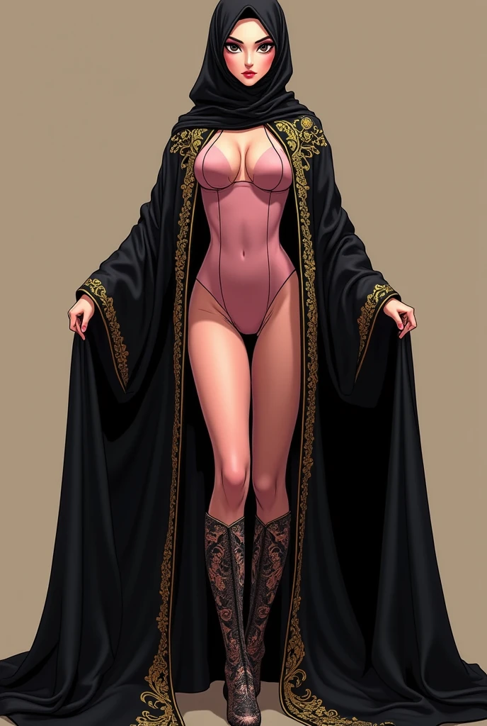 a woman nun sect sexy beautiful big breast beauty skin pink short pink hair disheveled her eye black pupil yellow dresses black nun and a black skirt longer pair white socks long black shoe