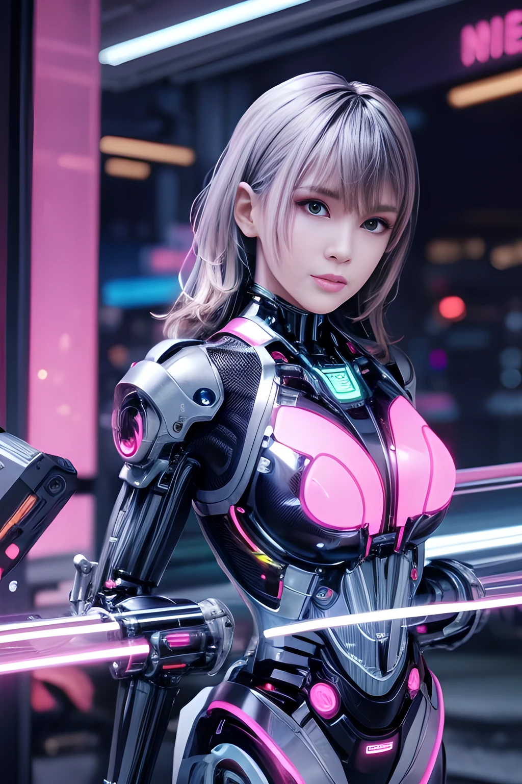 (actually : 1.4) 、 1 person, white female dj, brown skin, blue eyes, Club MX Background, silver색 대형 헤드폰, (top quality) 、 (overly detailed face) 、 (overly detailed face) 、 ((robotic parts) 、 (female robot) 、 (26) 、 (silver) 、 (metal) 、 (whole body) 、 big bust, (sexy pose) 、 (slim body) 、 (whole body) 、 (whole body) 、 (Looking at the camera) 、 (pink wavy hair) 、 (앞을 보고 찍silver 사진) 、 (Smiling face) 、 (완벽한 female robot) 、 (Perfect machine-body) mixing console, Music Clubs, night club,