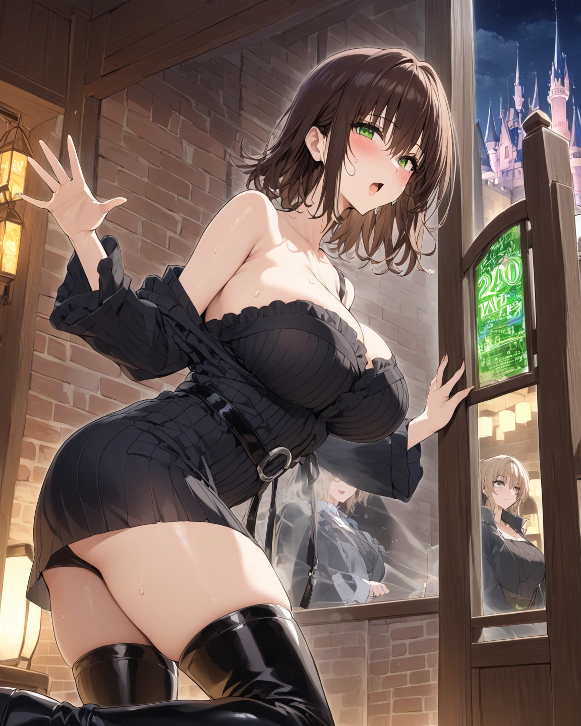 ((woman,milf)),((From the below)),((woman is erect)),(((intense orgasm:1.0))),(tears:1.2),(Sweat:1.3),((at the church:1.1)),(((No sleeve,Shorts))),(button-down,wearing lace),(clothing),((Squint eyes:1.3)),(embarrassing,blush:1.3), masterpiece, Highest quality, Very detailed, Dynamic Angle, ((Perfect hands)),Great background, Meaningful Background, Absurd background, Artistic Overlays,(Big Tits),panty,(nsfw:0.7)
