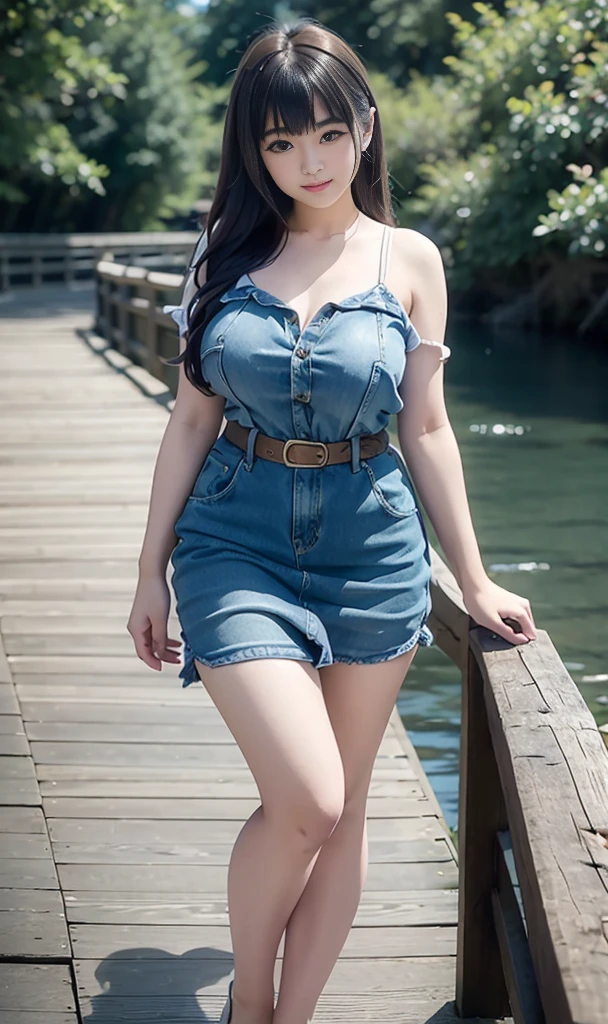 Arafed woman in denim dress posing on a wooden bridge, Nara Michi trending at cgstation, realistic young gravure idol, reminiscent of Tifa Lockhart and Dayami Kojima, Japanese goddess, Girl of the Alps embodiment, Tifa Lockhart's counterpart, Japanese model exuding beauty and elegance, beautiful Asian girl with alluring oppai, Yasumoto Oka's muse.

Realistic young gravure idol, Nara Michi, captivating audience at cgstation, strikes a pose in denim dress on a wooden bridge, evoking Tifa Lockhart and Dayami Kojima', BBWchan ,huge round tight  ,Thin waist, thick thighs
