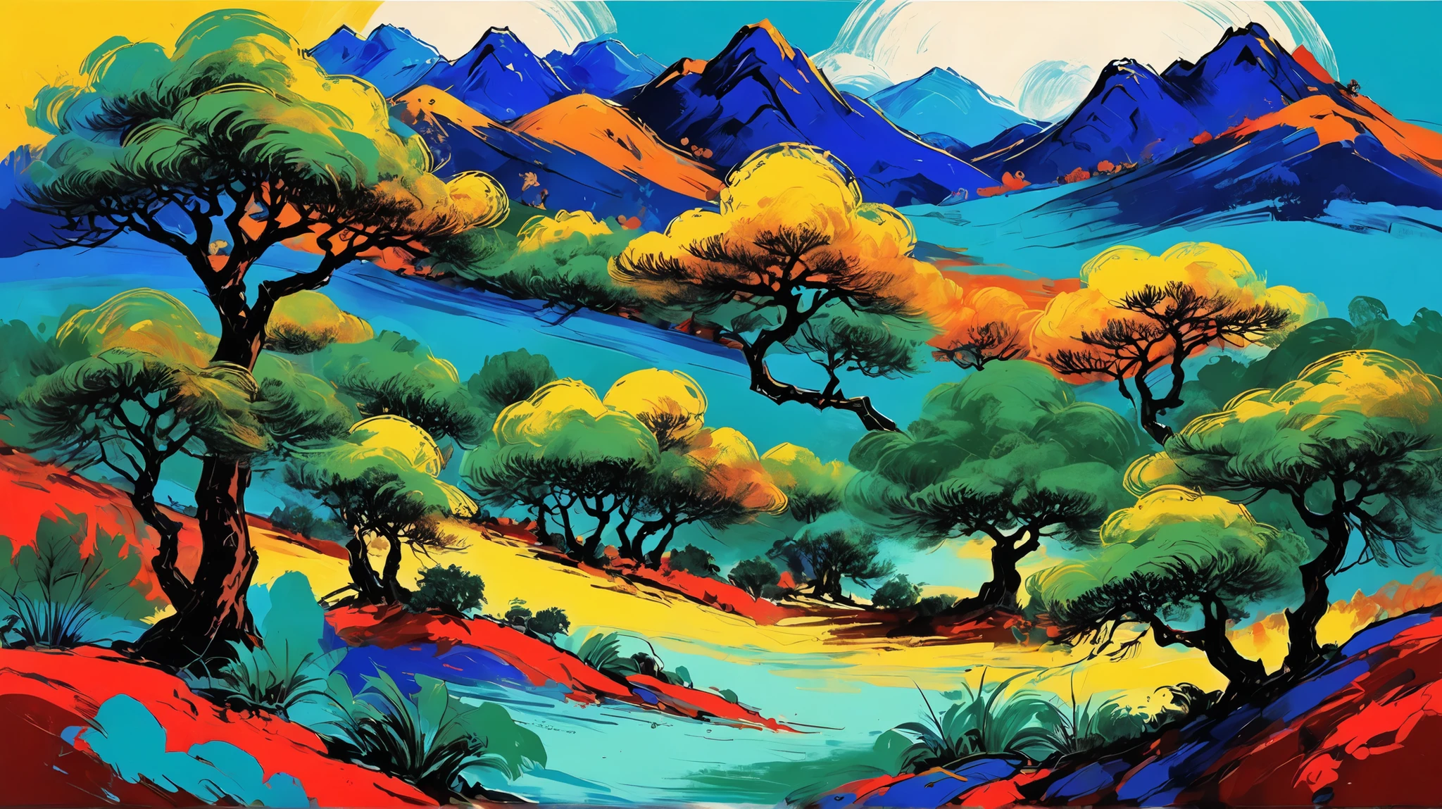 Chinese Landscape Paintings,He said his teacher went to the mountain to gather herbs,
and the inscription says this ((("å” éš è... äé-å” -è½ å²>"))),
using Azurite,Azure,malachite,Jade yellow,brown stone,colored with scarlet and other mineral pigments,so the mountain stone looks thick and blue,The picture is rich and dark,and the color is intense and bright,
A young boy under the blue pine tree asked.,He said his teacher went to the mountains to gather herbs. Inspired by Wang Huimeng's landscape painting 'A Thousand Mile River' {x} All he knew was that it was in this big mountain,but the mountain clouds didn't know his whereabouts.,