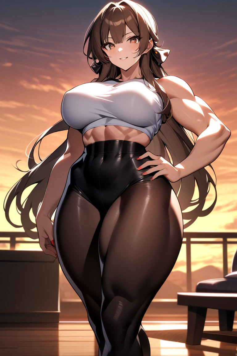 hyper-realistic, gym, female, Asian face, long hair, full body, muscles, vest line, naked upper body,