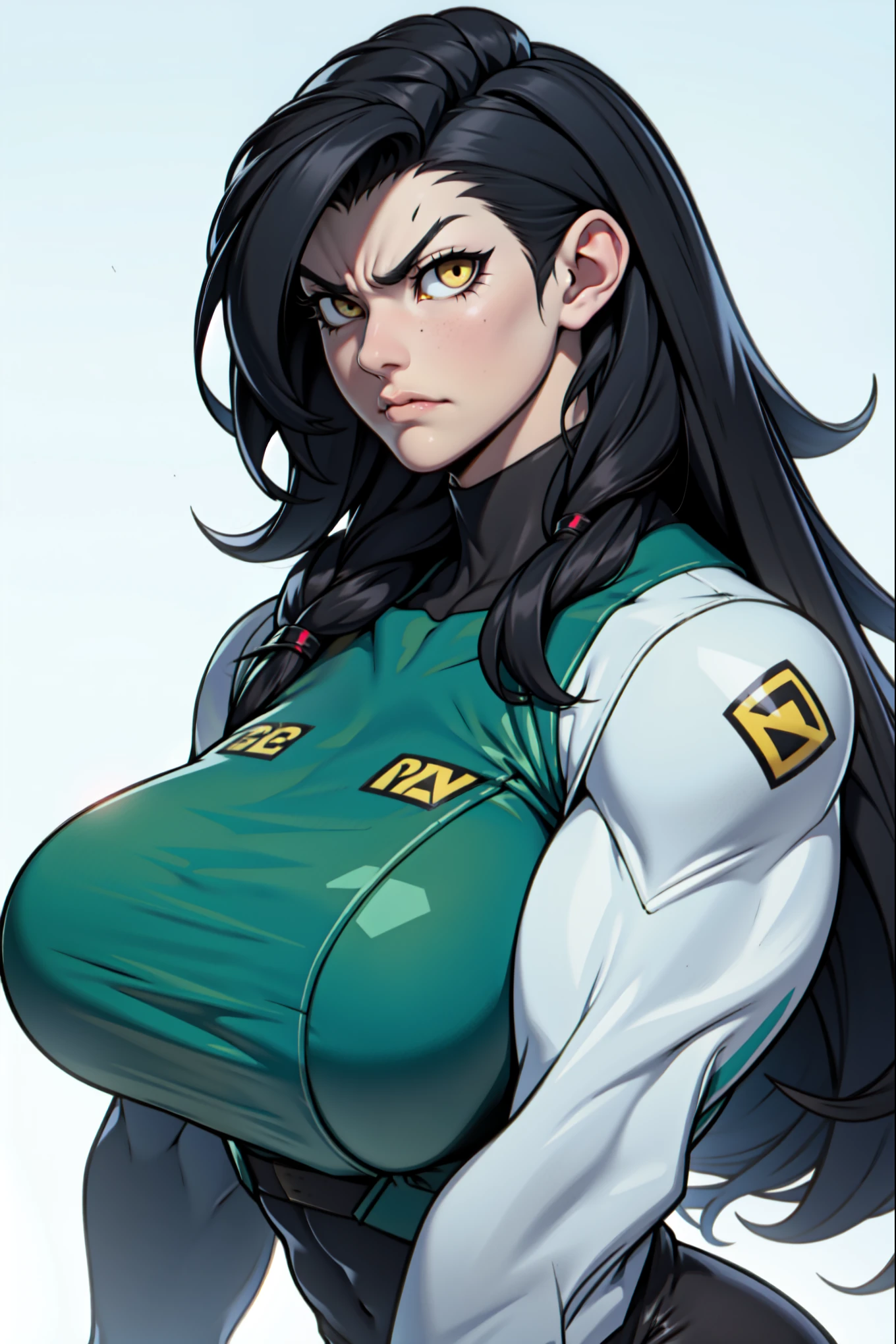 1girl solo black hair yellow eyes very long hair pale skin muscular muscular muscular muscular toned body huge muscles thick thighs girl angry blushing onesie thick thick thick thick