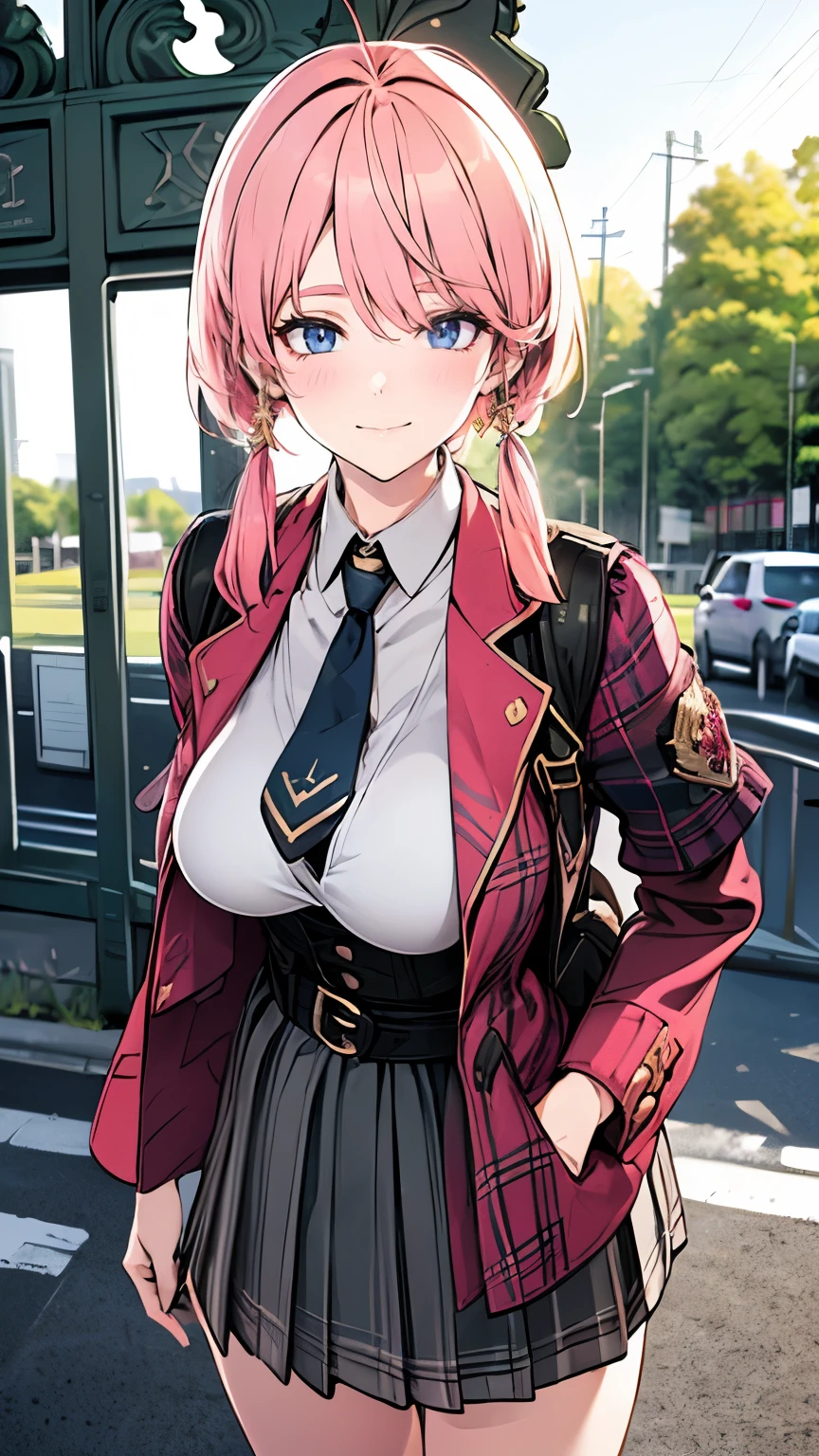 (masterpiece:1.3, best quality, ultra high resolution, Super Details), (realistic, photorealistic:1.3), beautiful illustration, perfect lighting, natural light, colorful, depth of field, 2025's    , , 
beautiful fine hair, beautiful detailed face, beautiful attention to detail, (perfect anatomy, anatomically accurate, Super Detailsスキン), Pink Skin, shiny skin, 
stares at viewers, (Face Focus, upper body), 1 girl, high school girl, cute and symmetrical face, perfect face, perfect eyes, perfect body, babyface, cute face:1.2, Tiny, 
(middle hair, twin tail, Long Side Lock, light brown hair),   The hair on her bangs  , orange eyes, big eyes, long eyelashes, (medium breasts, narrow west    , sensual thighs), skin dentation, 
(detailed fabric texture), 40s ((uniform, dark blue plaid pleated skirt, long sleeve, dark blue blazer)), 40s ((dark green plaid tie)), 40s (white collared shirt), 40s school bag, 
(beautiful scenery), summer, evening, Detailed Background, (school gate:1.5), walk, (pose with movement), (    highlight her sexy breasts   、   highlight my sexy breasts  、   let me eat 、 nice smile, Shy Butts, , parted lips),