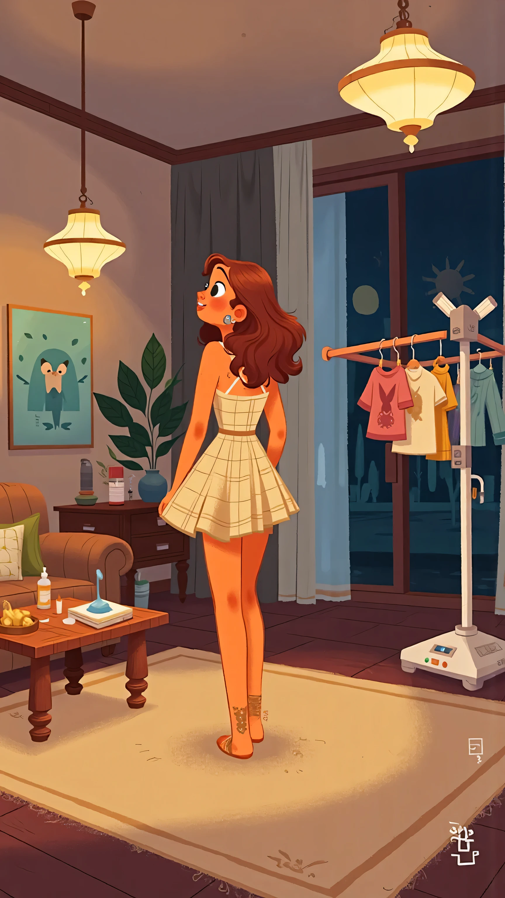 In the middle of the night,一个 heartwarmingmodern的客厅,Cozy carpet 。 frontal footage ,A stylish and elegant young woman(has long brown wavy hair that is naturally flowing, yellow skin),wearing a sleeveless strappy sexy light beige plaid dress,Barefoot,Back to camera。There are two stylish chandeliers in the room,emits soft light。An oversized smart lifting electric drying rack hangs in front of the floor-to-ceiling window,Hanging various colored clothes。Next to the coffee table。creates a relaxed atmosphere。The whole room is bright and pleasant,that combines functionality and comfort。--Style:2d illustration ,modern, heartwarming,Minimalism
