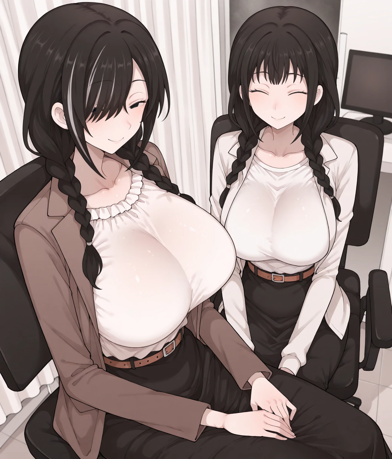 deep black hair, hair, 8k, (single girl), (masterpiece), ((ultra quality)), ((detailed eyes)), perfect face, (breasts stuck to the table), massive breasts, school girl, sexy look, (sit on chair and put her breasts on the table: 1.4), (massive breasts: 1.3)