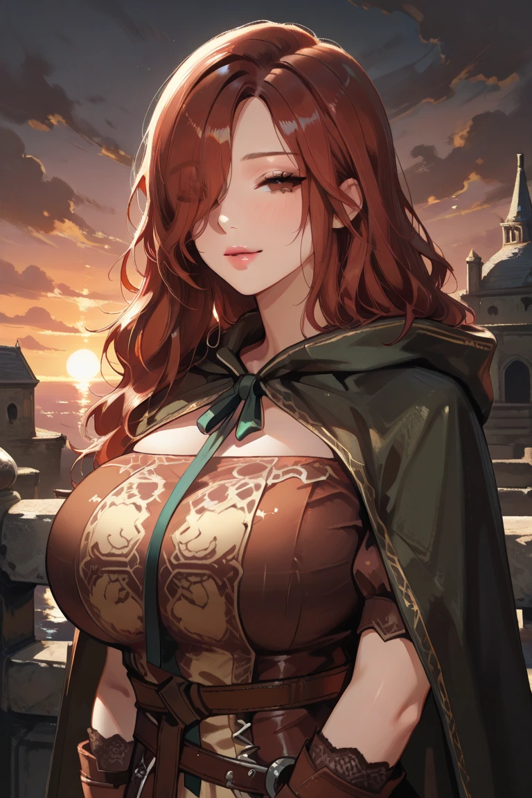 (masterpiece:1.2, best quality), (1girl, solo),milfication, lisadef, milf, (mature female), 40 year old woman, make up, smiling , parted lips, highly-detailed, gorgeous perfect face, large breasts, sagging breasts, (skindentation), ((thick thighs)), slim waist, hourglass figure,tall ,long legs, (red lips), thick lips, (Voluminous brown hair), hair flower, witch hat, green eyes, dress, caplet, belt, gloves,thighhighs, necklace, big earrings, (sweating), sexy, blushing, (Adult Temptress), sexy pose, walking, outdoors, countryside, grass field, flowers, soft lighting, (front view), hand in own hair, walking, sparkles, windy