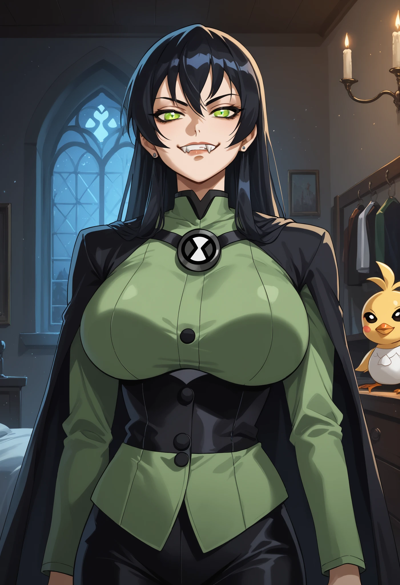 extremely high resolution, highres, official art, line drawing ,
focus, Lucifer \(The Seven Deadly Sins\), a chic, Chica demonio, long hair, green eyes, black hair, cape, cape negra, suit, green suit , long sleeves, green shirt, black pants, vampire, fangs, fangs vampire,vampire fangs, Big fangs, closet mouth,
,Naughty face, looking at the spectator, squinting eyes, close mouth,
neckline, huge breasts,
luxury castle room, indoors, night,
rising particles , shiny particles, depth of field, Dark theme, ben10, insignia
