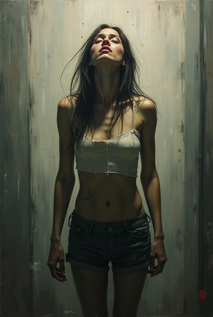 White woman with brown hair wearing tight black jeans, white belt locked in a dungeon with her head down