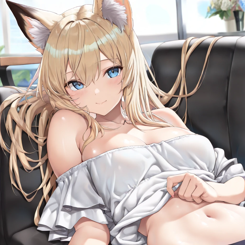 (Sexy woman:1.3), mischievous look, (inside a car:1.2). Artoria pendragon, large breasts, green eyes, loose hair, very long hair, ponytail, lion ears, lion tail, blonde hair,