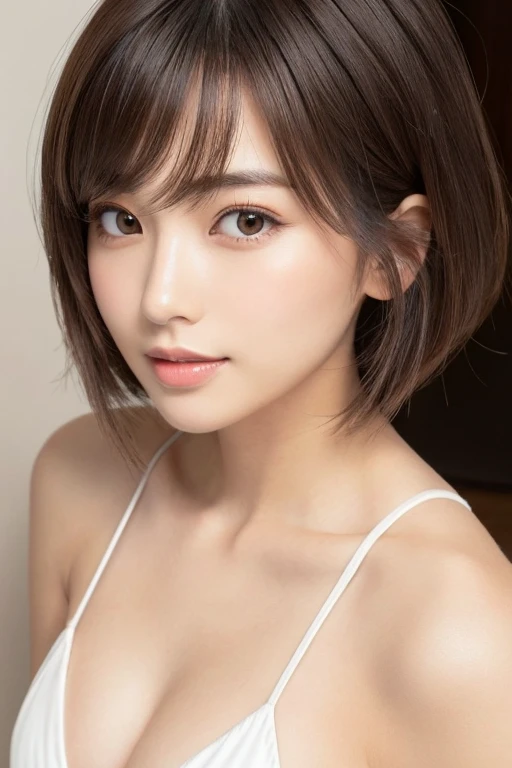 cute 21 year old japanese、best smile、super detail face、eye for details、double eyelid、beautiful thin nose、sharp focus:1.2、Beautiful woman:1.4、(light brown hair,short cut hair, highest quality、shine、masterpiece、Super high resolution、(Photoreal:1.4)、((White Background:1.3))dress、nice costume、