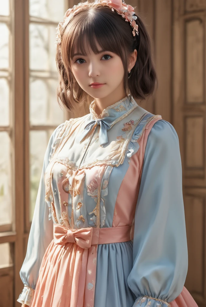 masterpiece, 1 beautiful girls, Eye details, Swollen eyes, Top image quality, 超A high resolution, (Realistis: 1.4), OriginalPhotographs, 1Girl, Cinematographic lighting, japanes, Asian Beauty, Korean, very beautif, Beautiful skins, thin, (A hyper-realistic), (hight resolution), (8 K), (ighly detailed), (The best illustrations), (beautifully detailed eyes), (ultra-detailliert), A detailed face, see the beholder, Facing straight ahead, Neat Clothing, shorth hair、A dark-haired、46-point diagonal bangs、Interior background of luxury hotel、flower arrangement、vases、Neat and clean