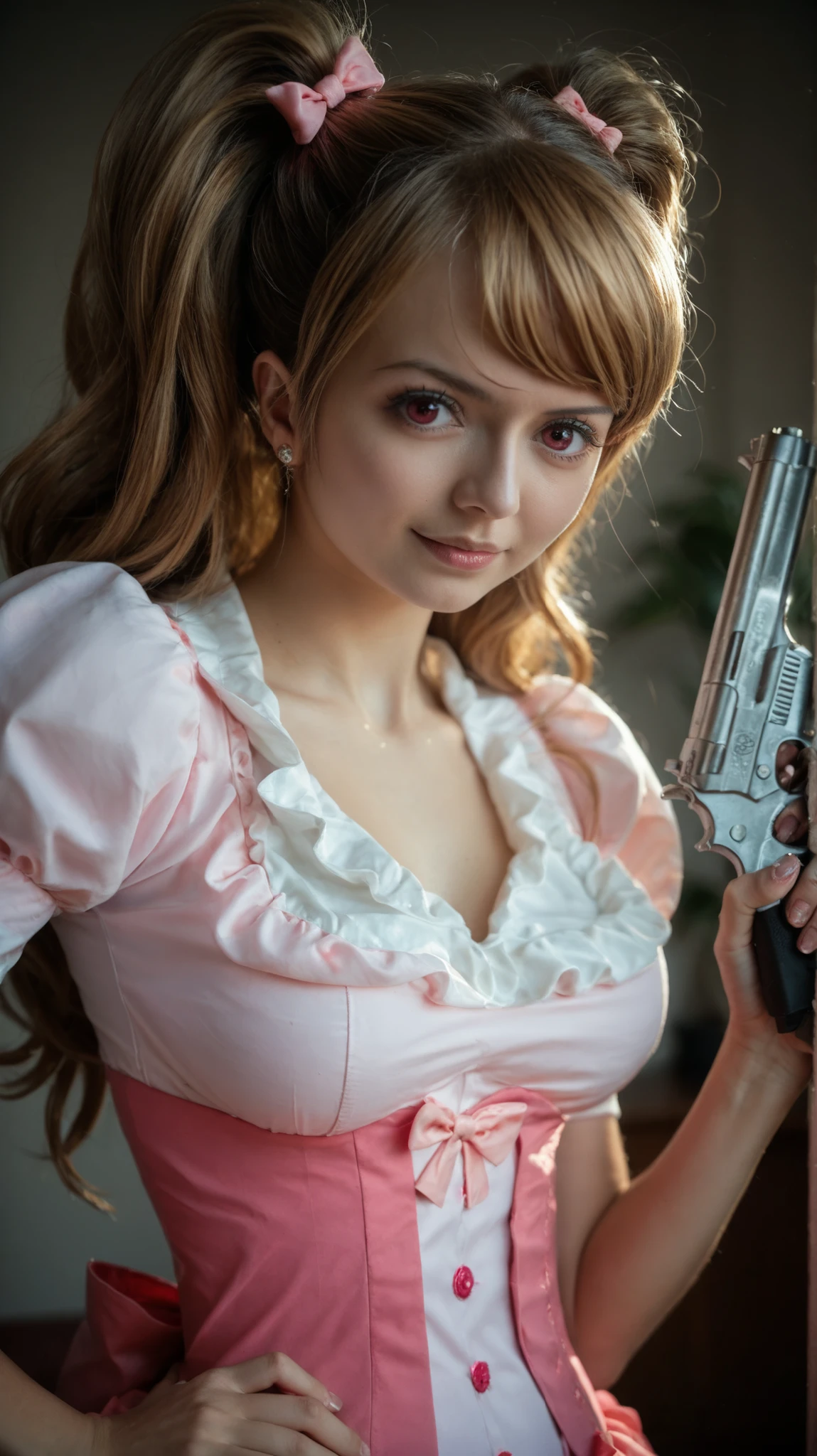 Score 9, Score 8, Score 7, Charlotte Pudding, female, in hyperrealistic anime style. One eye subtly hidden on the forehead, three eyes, one eye on the forehead, white and pink dress with short puffed sleeves and a scalloped neckline, and a pink bow at the waist. She holds a flintlock pistol with a confident and mischievous expression, in a firm pose, with one hand on her hip and the other holding the weapon vertically, light brown hair in voluminous pigtails, realistic textures in the fabrics, soft sheen on the skin and clothing, emulating a Sony Alpha 7R IV with a 35mm f/1.8 lens, with dramatic cinematic lighting, composed with a dynamic diagonal angle and medium background perspective. Asian, beautiful (25 years old), toned abdomen, charming, and with great detail.