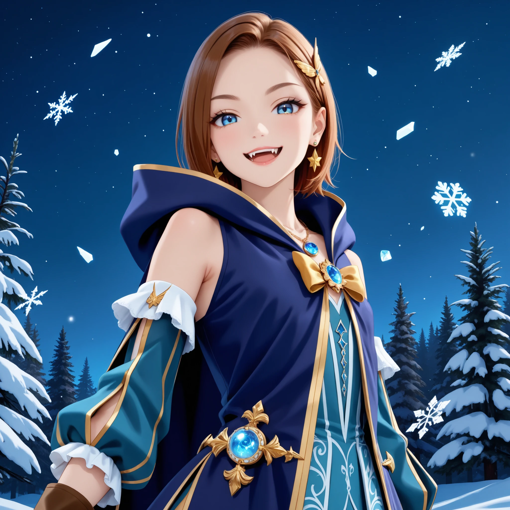 lone, solo, feminine sorceress 1girl, cute, pretty, half european, half asian, , model pose, fashion, luxury, wealthy, clean, (young), beautiful, short, petite, thin, sorceress outfit, fantasy outfit, luxurious necklace, close view of chest area, close up of flat chest, gold ribbon, magical blue eyes, short dark brown hair, parted bang, blue cloak, sleeveless fantasy jacket, gold hairpin, dress hair ornament, magical orb necklace, detached sleeves, bare shoulders, brown gloves, earrings, clear night sky, magical circle, ice shards, snowflakes, Winter landscape, pine forest, ivan-shishkin landscape, large clean vampire fangs, smug, confident, evil, mean, mischief, cocky, sexy, sly, playful, flirting pose, mischievous, looking at viewer, high resolution, standing, anime, from below, masterpiece