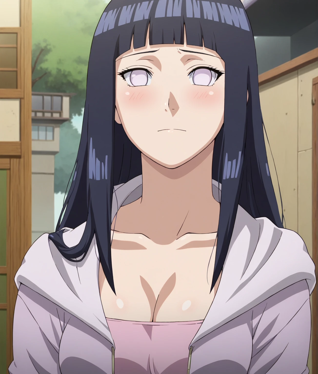 Made, absurderes, Hinata\(Boruto\), 1girll, Solo,Mature female, view the viewer,Perfectcomposition, Detailed lips, big breast, Beautiful face, body propotion, Blush, (Pink lips), Long hair, Purple eyes, Soft gaze, Sad smile, Super realistic, Detailed, photoshoot, Realistick faces and bodies,(perspire,Sweat a lot,Blushlush,Be red in the face,Blushlush),(Bigboobs),japanese house,Stand at the door,natta,raining day, ((blowjob)), ((cleavage)), (penis), dark hair, man, couple, bed