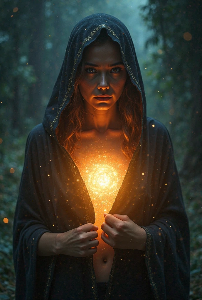 brunette woman. Looks 50 years old, Black hair highlighted with blue. Dressed in a golden hood with brown lace, around you shine small colorful fireflies, little fairies a magician doing magic with her hands from where they went a circular ball of light. The palms of the hands facing each other and the ball of light in between them. Healing love magic power.
