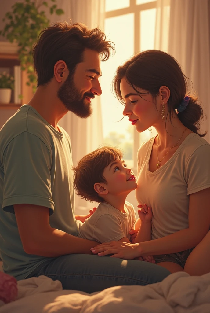 Husband and wife are having a beautiful romantic time inside a house.
Their two small children are playing.